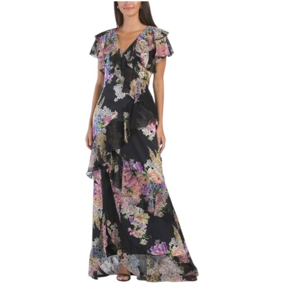 TERI JON Chiffon V-neck Diagonal Ruffled Dress - Picture 1 of 3